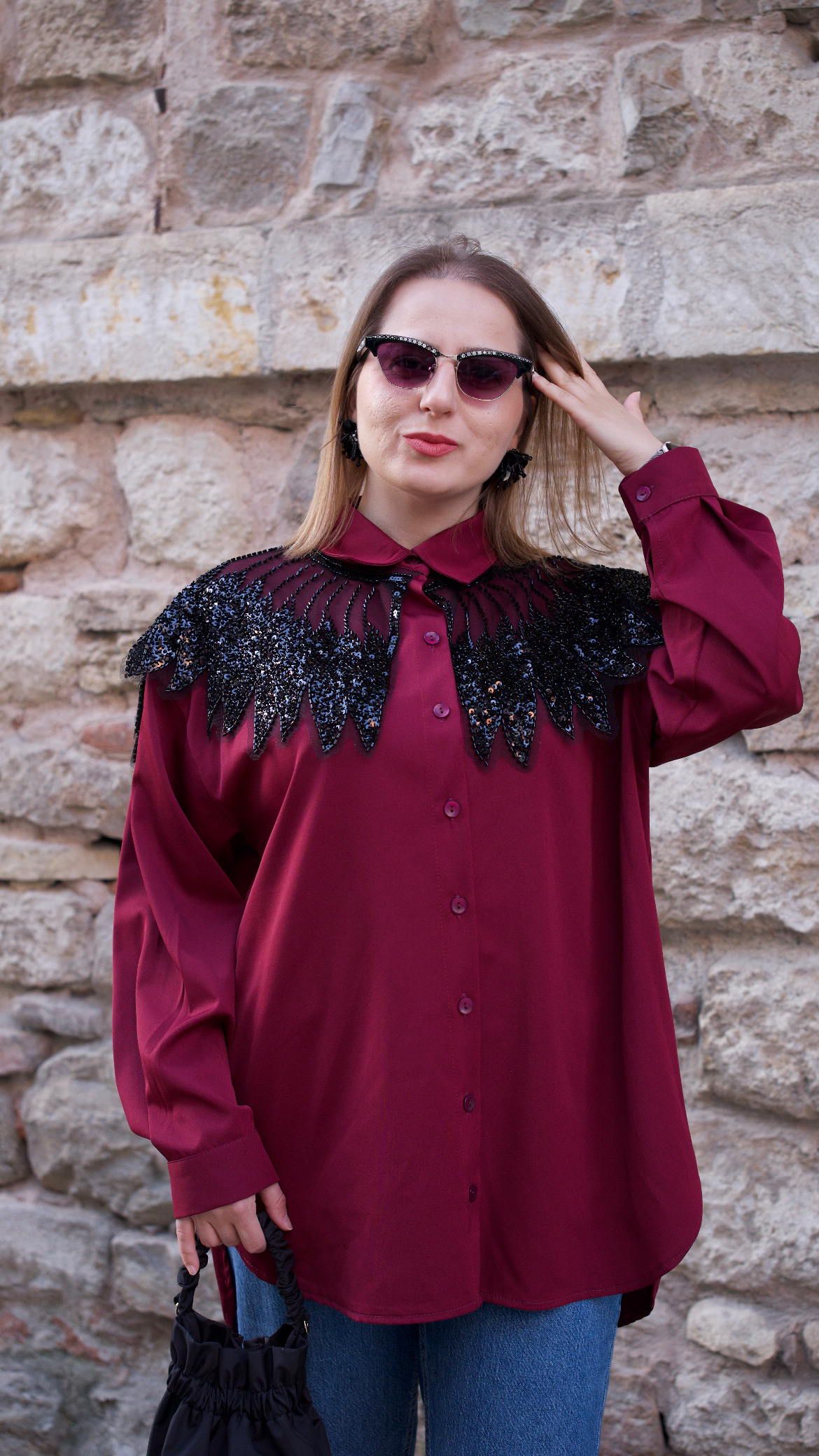 Pul İşlemeli Oversize Bordo Gömlek
